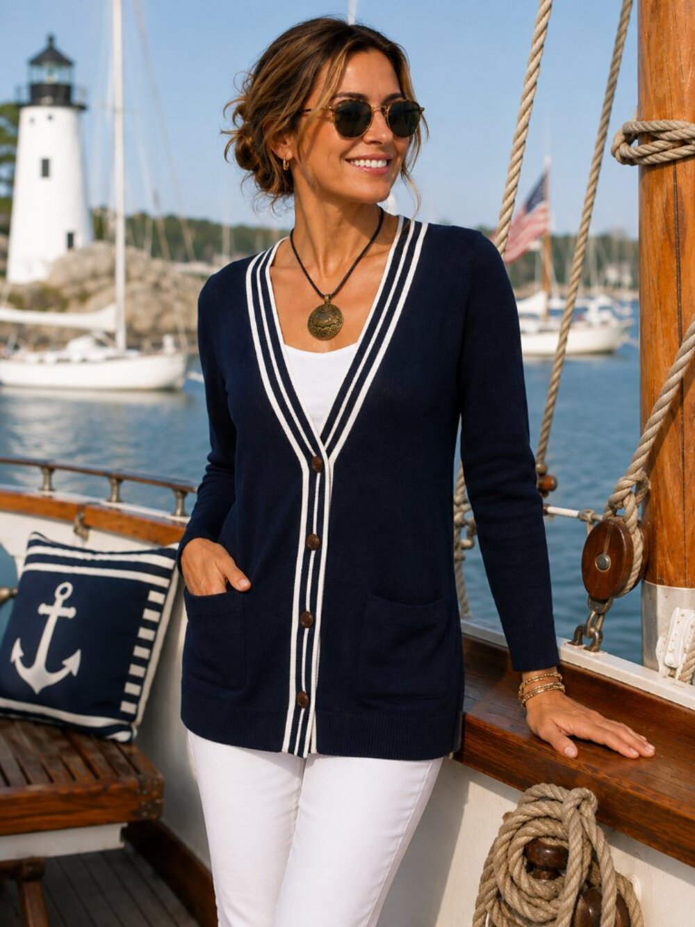 Liz Claiborne Navy Blue Cardigan with White Trim